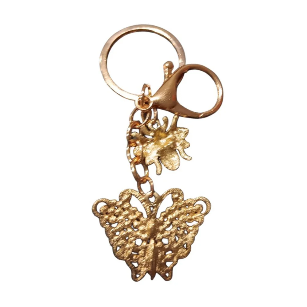 Amethyst Color Rhinestone Butterfly Bumblebee Gold Tone Keychain Purse Charm